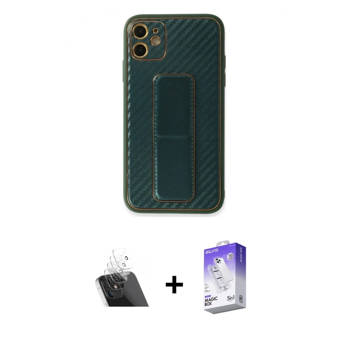 MARSİLYAN™- iPhone 12 Kılıf Yörünge Yansıma - Siyah Bilvis 5in1 3D Magic Cam Ekran Koruyucu + Kamera Lens Koruma Cam - SF