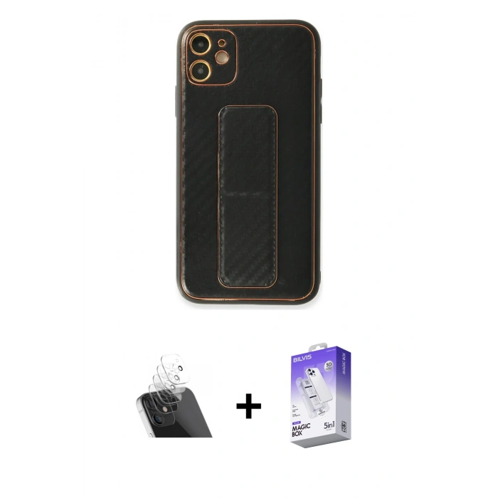 MARSİLYAN™- iPhone 12 Kılıf Yörünge Yansıma - Siyah Bilvis 5in1 3D Magic Cam Ekran Koruyucu + Kamera Lens Koruma Cam - SF