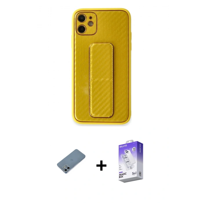 MARSİLYAN™- iPhone 12 Kılıf Yörünge Yansıma - Siyah Bilvis 5in1 3D Magic Cam Ekran Koruyucu + Shine Kamera Lens Koruma Cam - SABE