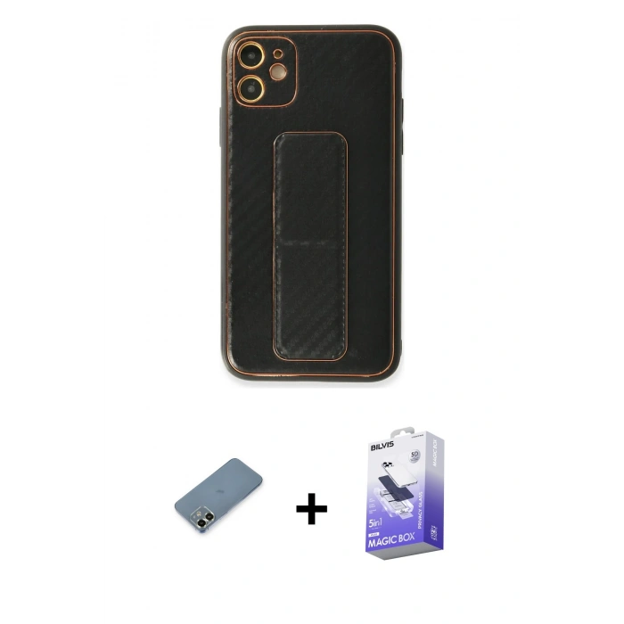 MARSİLYAN™- iPhone 12 Kılıf Yörünge Yansıma - Siyah Bilvis 5in1 5D Magic Hayalet Cam Ekran Koruyucu + Metal Kamera Lens Koruma Cam - AKYL