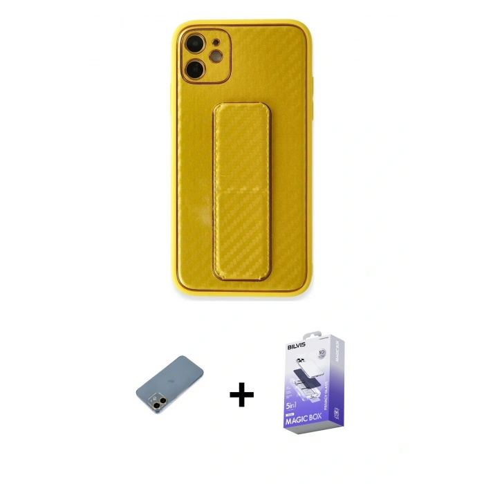 MARSİLYAN™- iPhone 12 Kılıf Yörünge Yansıma - Siyah Bilvis 5in1 5D Magic Hayalet Cam Ekran Koruyucu + Shine Kamera Lens Koruma Cam - GD