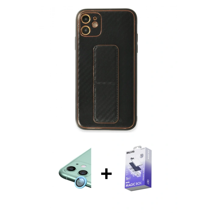 MARSİLYAN™- iPhone 12 Kılıf Yörünge Yansıma - Siyah Bilvis 5in1 5D Magic Hayalet Cam Ekran Koruyucu + Mavi Raze Metal Kamera Lens