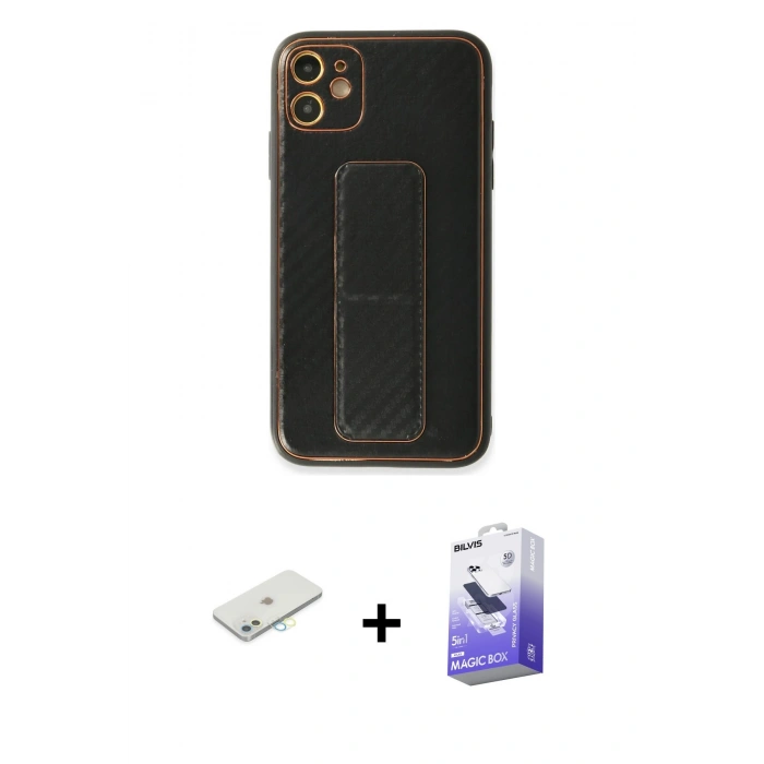 MARSİLYAN™- iPhone 12 Kılıf Yörünge Yansıma - Siyah Bilvis 5in1 5D Magic Hayalet Cam Ekran Koruyucu + Renkli Kamera Lens Koruma Cam - SI