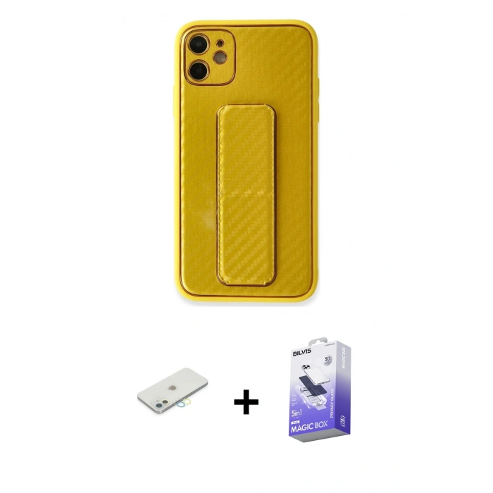 MARSİLYAN™- iPhone 12 Kılıf Yörünge Yansıma - Siyah Bilvis 5in1 5D Magic Hayalet Cam Ekran Koruyucu + Renkli Kamera Lens Koruma Cam - SI