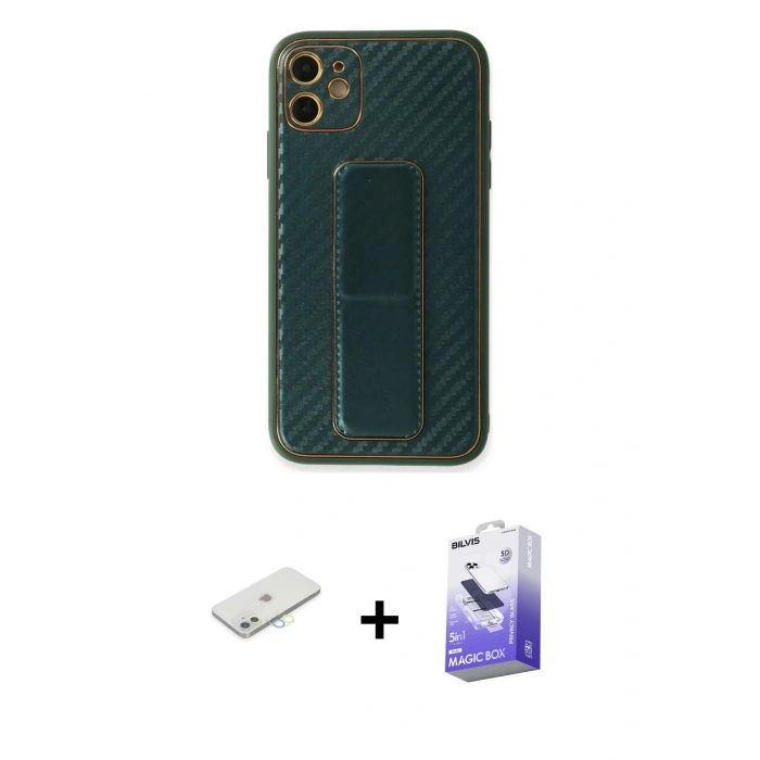 MARSİLYAN™- iPhone 12 Kılıf Yörünge Yansıma - Siyah Bilvis 5in1 5D Magic Hayalet Cam Ekran Koruyucu + Renkli Kamera Lens Koruma Cam - SI
