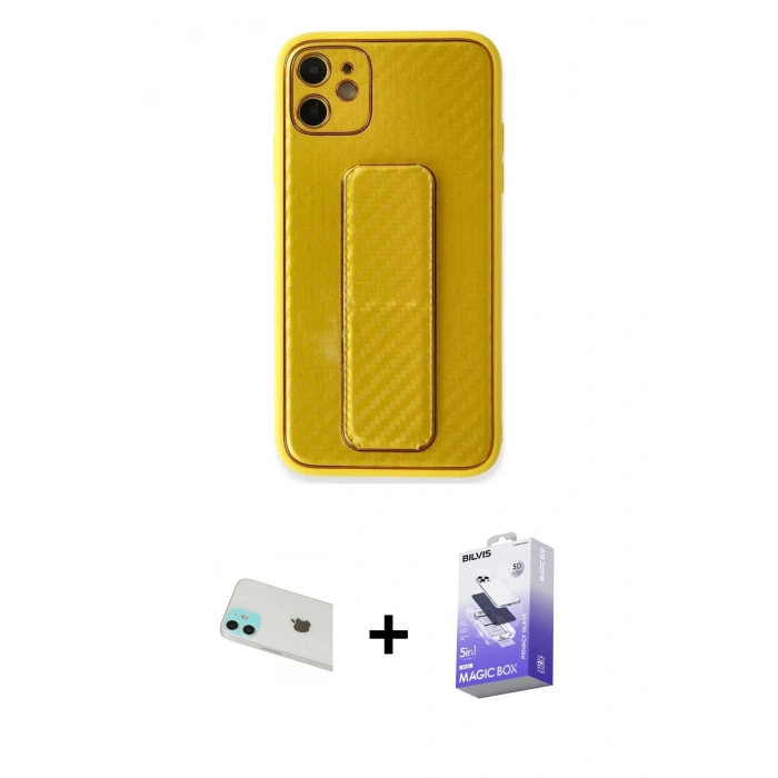 MARSİLYAN™- iPhone 12 Kılıf Yörünge Yansıma - Siyah Bilvis 5in1 5D Magic Hayalet Cam Ekran Koruyucu + Rainbow Kamera Lens Koruma Cam - YL