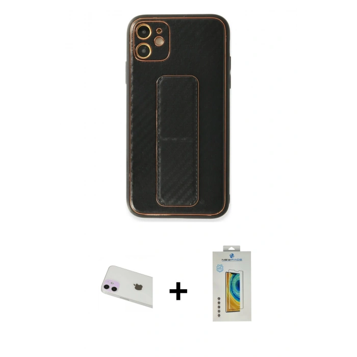 MARSİLYAN™- iPhone 12 Kılıf Yörünge Yansıma - Siyah Polymer Nano Ekran Koruyucu + Rainbow Kamera Lens Koruma Cam - MR