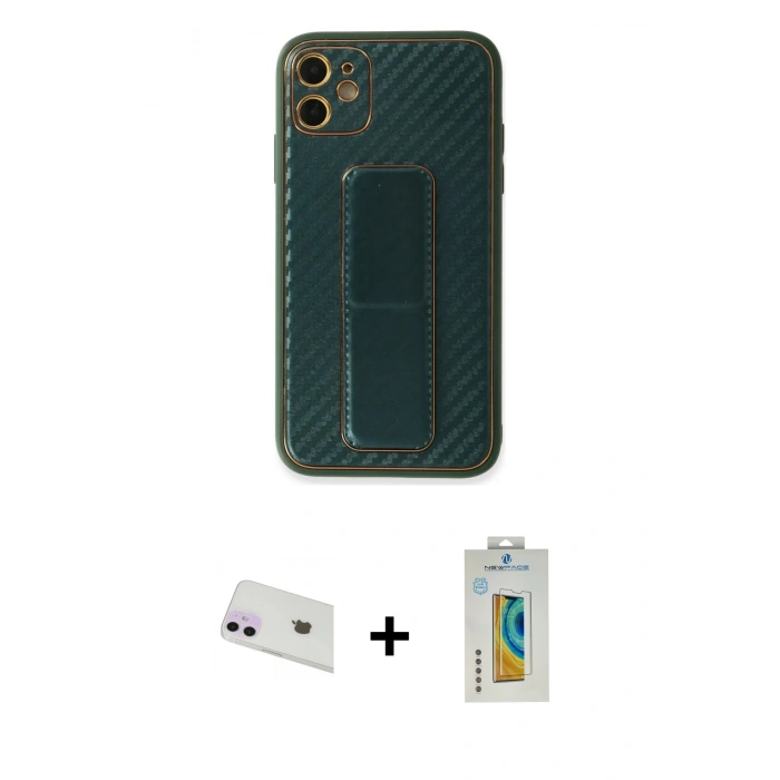 MARSİLYAN™- iPhone 12 Kılıf Yörünge Yansıma - Siyah Polymer Nano Ekran Koruyucu + Rainbow Kamera Lens Koruma Cam - MR