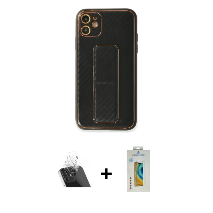 MARSİLYAN™- iPhone 12 Kılıf Yörünge Yansıma - Siyah Polymer Nano Ekran Koruyucu + Kamera Lens Koruma Cam - SF