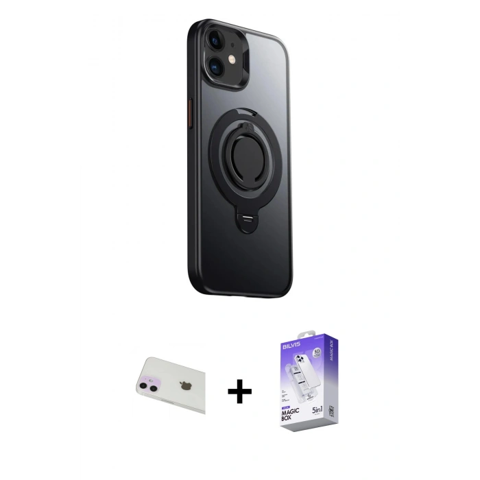 MARSİLYAN™- iPhone 12 Kılıf Zirve Çizgi Prime - Siyah Bilvis 5in1 3D Magic Cam Ekran Koruyucu + Rainbow Kamera Lens Koruma Cam - MR