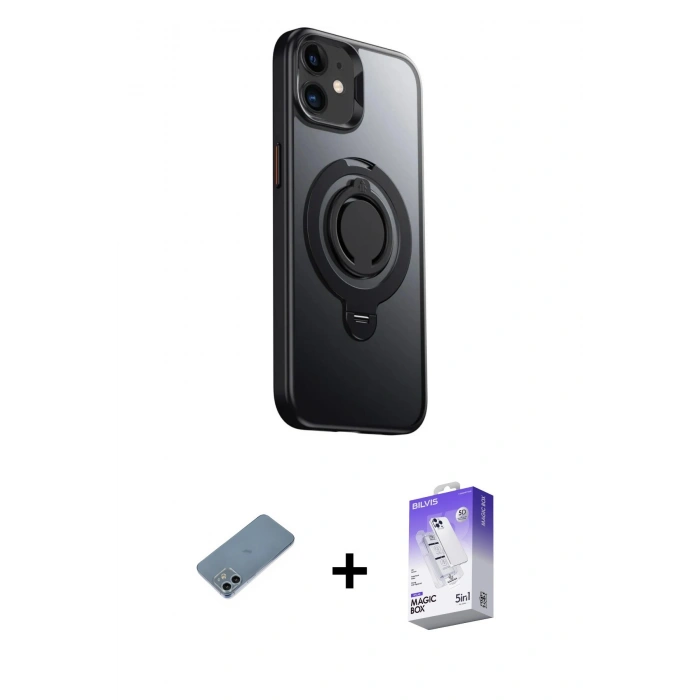 MARSİLYAN™- iPhone 12 Kılıf Zirve Çizgi Prime - Siyah Bilvis 5in1 3D Magic Cam Ekran Koruyucu + Shine Kamera Lens Koruma Cam - SABE