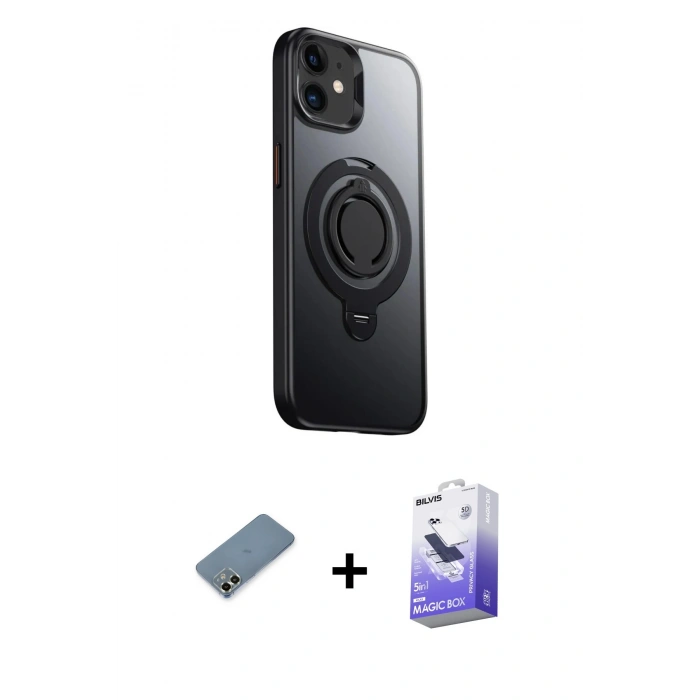 MARSİLYAN™- iPhone 12 Kılıf Zirve Çizgi Prime - Siyah Bilvis 5in1 5D Magic Hayalet Cam Ekran Koruyucu + Metal Kamera Lens Koruma Cam - AKYL