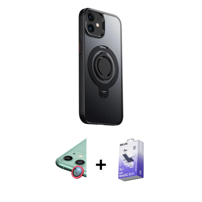 MARSİLYAN™- iPhone 12 Kılıf Zirve Çizgi Prime - Siyah Bilvis 5in1 5D Magic Hayalet Cam Ekran Koruyucu + Raze Metal Kamera Lens - KI