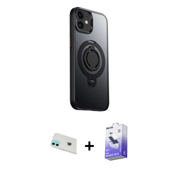 MARSİLYAN™- iPhone 12 Kılıf Zirve Çizgi Prime - Siyah Bilvis 5in1 5D Magic Hayalet Cam Ekran Koruyucu + Rainbow Kamera Lens Koruma Cam - YL