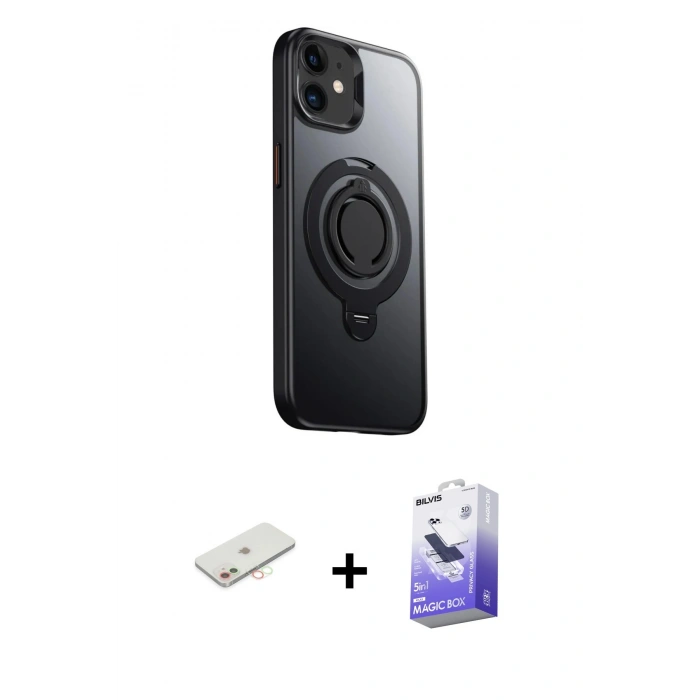 MARSİLYAN™- iPhone 12 Kılıf Zirve Çizgi Prime - Siyah Bilvis 5in1 5D Magic Hayalet Cam Ekran Koruyucu + Renkli Kamera Lens Koruma Cam - YL