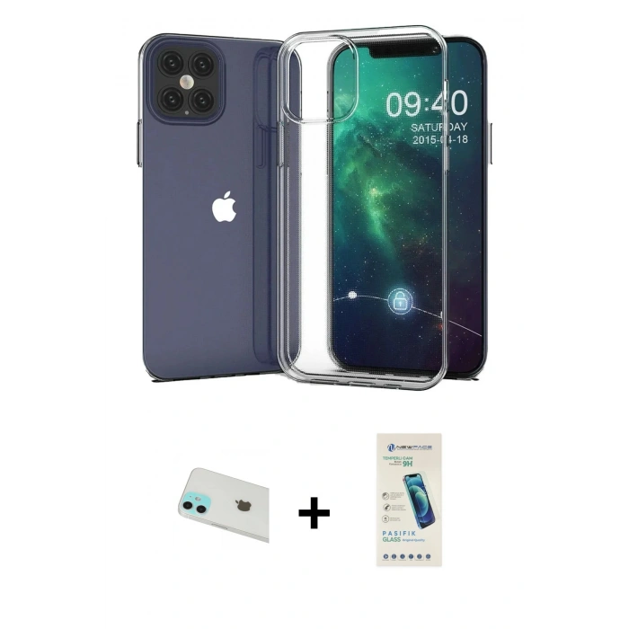MARSİLYAN™- iPhone 12 Kılıf Zirve Doku - Şeffaf Pasifik Cam Ekran Koruyucu + Rainbow Kamera Lens Koruma Cam - YL