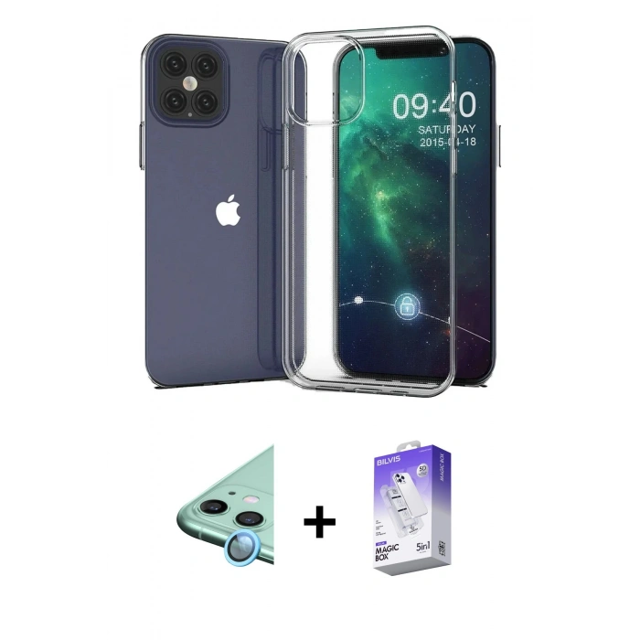 MARSİLYAN™- iPhone 12 Kılıf Zirve Doku - Siyah Bilvis 5in1 3D Magic Cam Ekran Koruyucu + Raze Metal Kamera Lens - MI