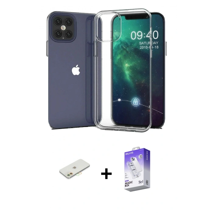 MARSİLYAN™- iPhone 12 Kılıf Zirve Doku - Siyah Bilvis 5in1 3D Magic Cam Ekran Koruyucu + Renkli Kamera Lens Koruma Cam - TU