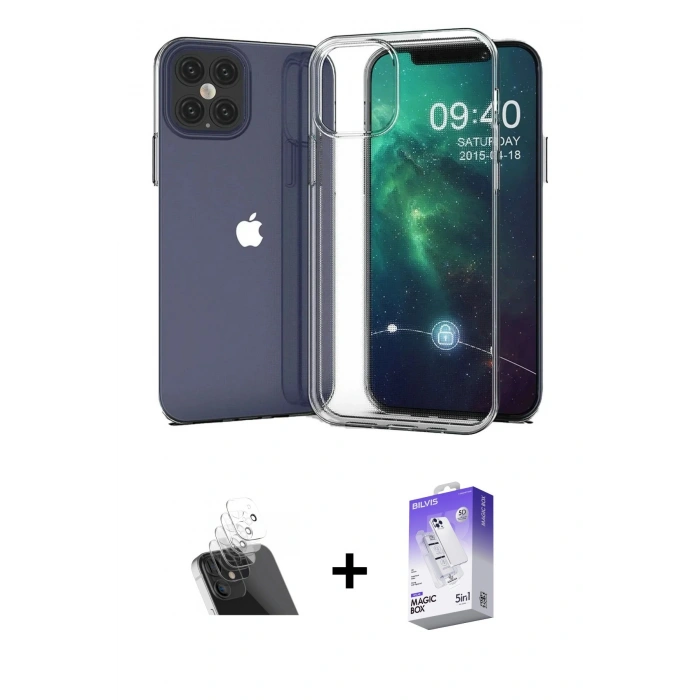 MARSİLYAN™- iPhone 12 Kılıf Zirve Doku - Siyah Bilvis 5in1 3D Magic Cam Ekran Koruyucu + Kamera Lens Koruma Cam - SF