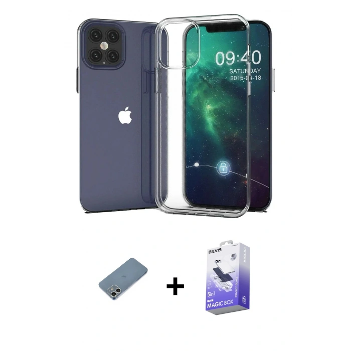MARSİLYAN™- iPhone 12 Kılıf Zirve Doku - Siyah Bilvis 5in1 5D Magic Hayalet Cam Ekran Koruyucu + Shine Kamera Lens Koruma Cam - GS