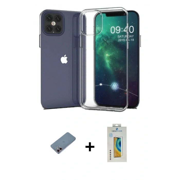 MARSİLYAN™- iPhone 12 Kılıf Zirve Doku - Siyah Polymer Nano Ekran Koruyucu + Shine Kamera Lens Koruma Cam - PE