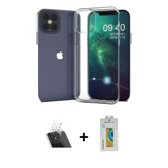 MARSİLYAN™- iPhone 12 Kılıf Zirve Doku - Siyah Polymer Nano Ekran Koruyucu + Kamera Lens Koruma Cam - SF