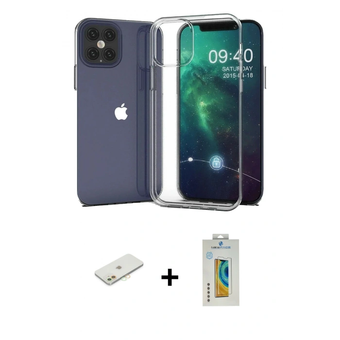 MARSİLYAN™- iPhone 12 Kılıf Zirve Doku - Siyah Polymer Nano Ekran Koruyucu + Renkli Kamera Lens Koruma Cam - TU