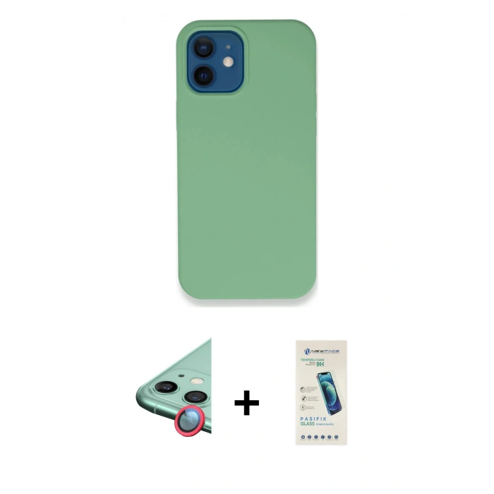 MARSİLYAN™- iPhone 12 Kılıf Zirve Modern Özel Seri - Şeffaf Pasifik Cam Ekran Koruyucu + Kırmızı Raze Metal Kamera Lens