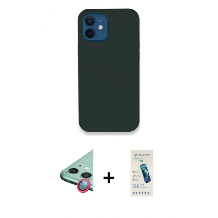 MARSİLYAN™- iPhone 12 Kılıf Zirve Modern Özel Seri - Şeffaf Pasifik Cam Ekran Koruyucu + Kırmızı Raze Metal Kamera Lens