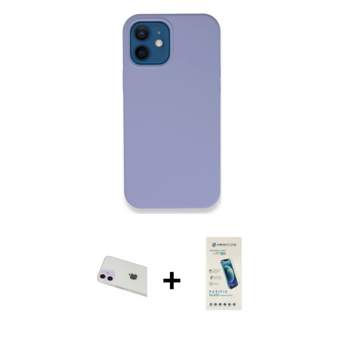 MARSİLYAN™- iPhone 12 Kılıf Zirve Modern Özel Seri - Şeffaf Pasifik Cam Ekran Koruyucu + Mor Rainbow Kamera Lens Koruma Cam