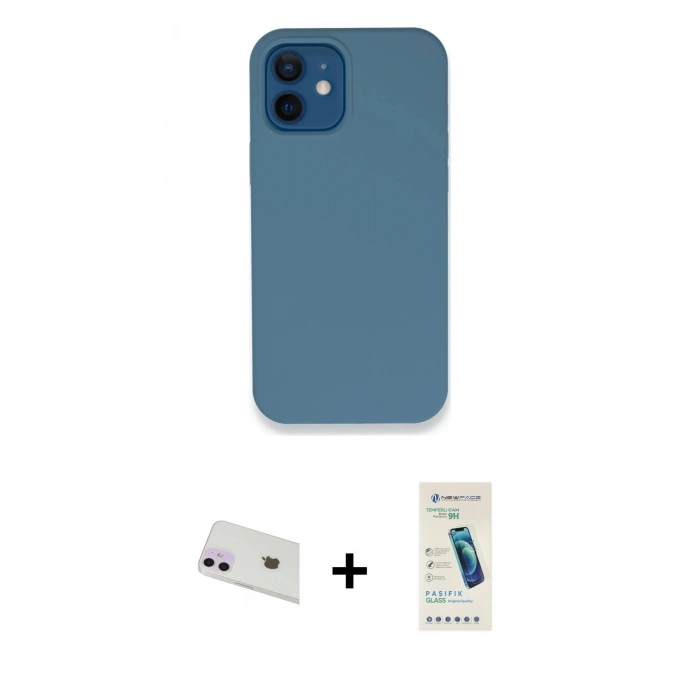 MARSİLYAN™- iPhone 12 Kılıf Zirve Modern Özel Seri - Şeffaf Pasifik Cam Ekran Koruyucu + Mor Rainbow Kamera Lens Koruma Cam