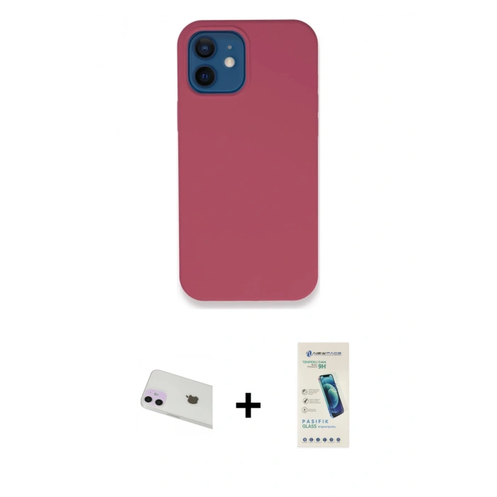 MARSİLYAN™- iPhone 12 Kılıf Zirve Modern Özel Seri - Şeffaf Pasifik Cam Ekran Koruyucu + Mor Rainbow Kamera Lens Koruma Cam