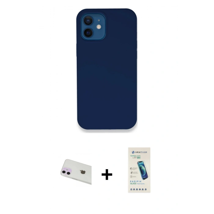 MARSİLYAN™- iPhone 12 Kılıf Zirve Modern Özel Seri - Şeffaf Pasifik Cam Ekran Koruyucu + Mor Rainbow Kamera Lens Koruma Cam