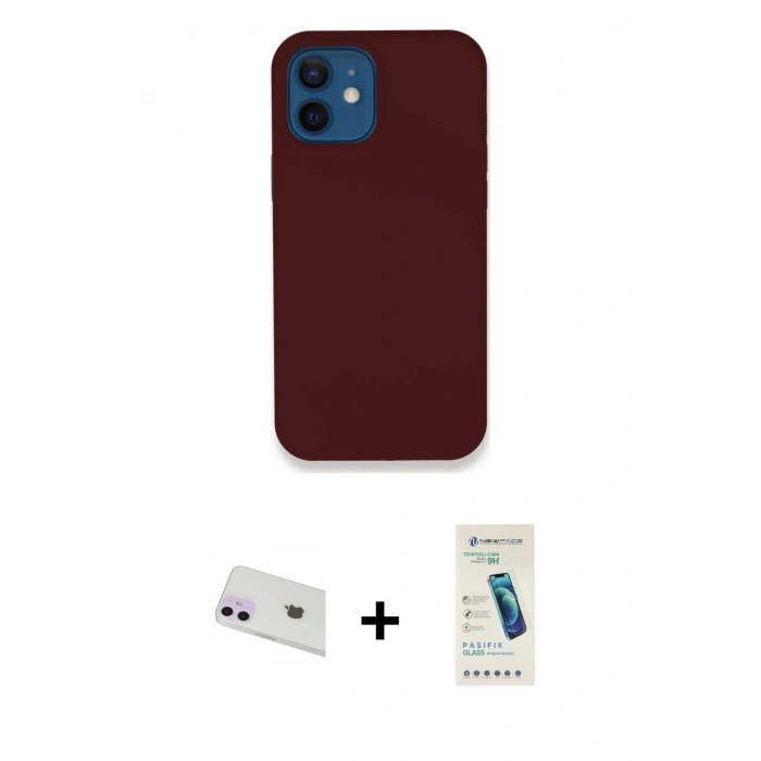 MARSİLYAN™- iPhone 12 Kılıf Zirve Modern Özel Seri - Şeffaf Pasifik Cam Ekran Koruyucu + Mor Rainbow Kamera Lens Koruma Cam