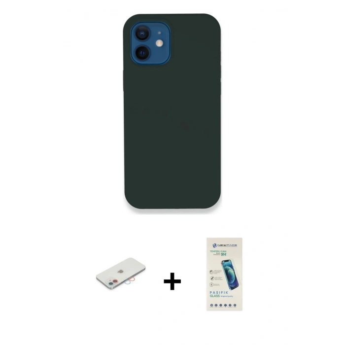 MARSİLYAN™- iPhone 12 Kılıf Zirve Modern Özel Seri - Şeffaf Pasifik Cam Ekran Koruyucu + Renkli Kamera Lens Koruma Cam - PE