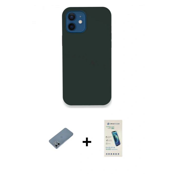 MARSİLYAN™- iPhone 12 Kılıf Zirve Modern Özel Seri - Şeffaf Pasifik Cam Ekran Koruyucu + Shine Kamera Lens Koruma Cam - SABE