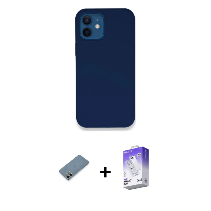 MARSİLYAN™- iPhone 12 Kılıf Zirve Modern Özel Seri - Siyah Bilvis 5in1 3D Magic Cam Ekran Koruyucu + Gold Metal Kamera Lens Koruma Cam