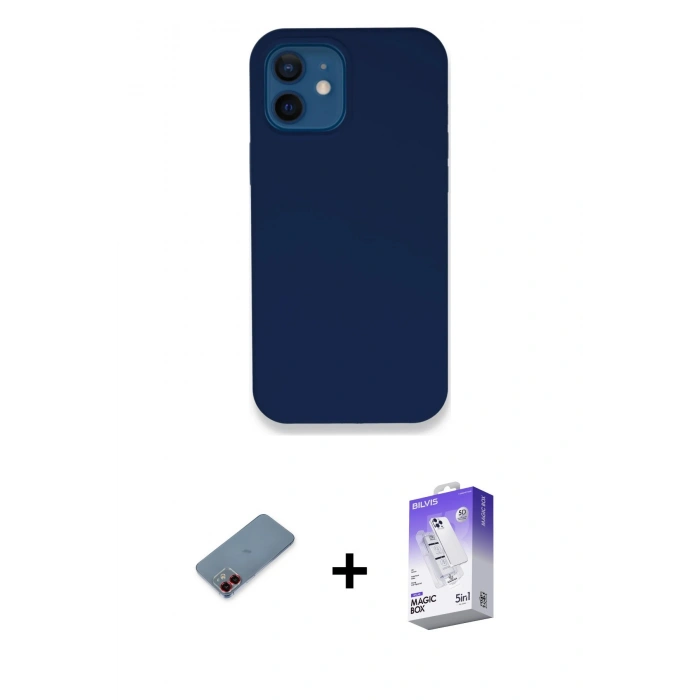 MARSİLYAN™- iPhone 12 Kılıf Zirve Modern Özel Seri - Siyah Bilvis 5in1 3D Magic Cam Ekran Koruyucu + Kırmızı Metal Kamera Lens Koruma Cam
