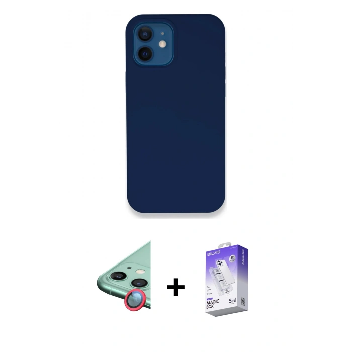 MARSİLYAN™- iPhone 12 Kılıf Zirve Modern Özel Seri - Siyah Bilvis 5in1 3D Magic Cam Ekran Koruyucu + Raze Metal Kamera Lens - KI