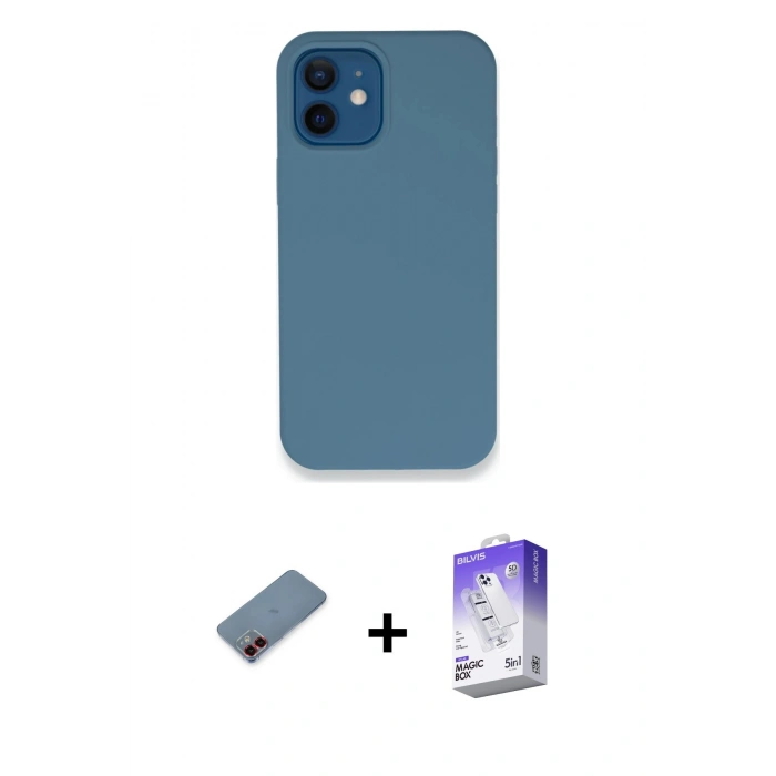 MARSİLYAN™- iPhone 12 Kılıf Zirve Modern Özel Seri - Siyah Bilvis 5in1 3D Magic Cam Ekran Koruyucu + Kırmızı Metal Kamera Lens Koruma Cam