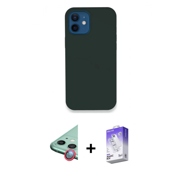 MARSİLYAN™- iPhone 12 Kılıf Zirve Modern Özel Seri - Siyah Bilvis 5in1 3D Magic Cam Ekran Koruyucu + Raze Metal Kamera Lens - KI