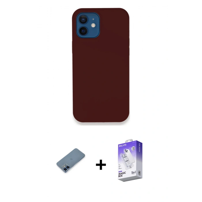 MARSİLYAN™- iPhone 12 Kılıf Zirve Modern Özel Seri - Siyah Bilvis 5in1 3D Magic Cam Ekran Koruyucu + Mavi Metal Kamera Lens Koruma Cam