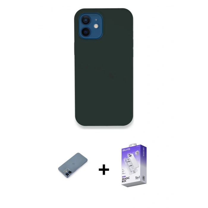 MARSİLYAN™- iPhone 12 Kılıf Zirve Modern Özel Seri - Siyah Bilvis 5in1 3D Magic Cam Ekran Koruyucu + Metal Kamera Lens Koruma Cam - MI