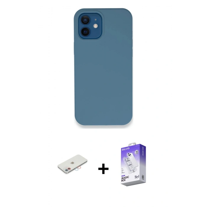 MARSİLYAN™- iPhone 12 Kılıf Zirve Modern Özel Seri - Siyah Bilvis 5in1 3D Magic Cam Ekran Koruyucu + Pembe Renkli Kamera Lens Koruma Cam