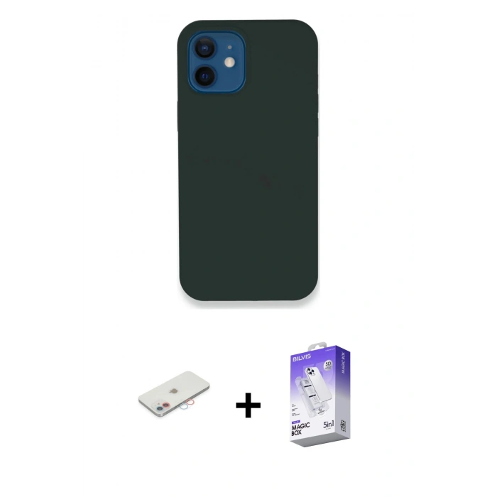 MARSİLYAN™- iPhone 12 Kılıf Zirve Modern Özel Seri - Siyah Bilvis 5in1 3D Magic Cam Ekran Koruyucu + Pembe Renkli Kamera Lens Koruma Cam