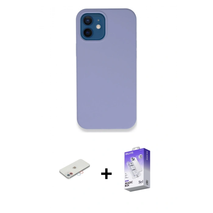 MARSİLYAN™- iPhone 12 Kılıf Zirve Modern Özel Seri - Siyah Bilvis 5in1 3D Magic Cam Ekran Koruyucu + Pembe Renkli Kamera Lens Koruma Cam