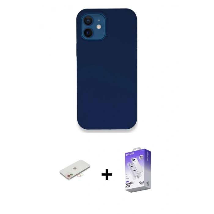 MARSİLYAN™- iPhone 12 Kılıf Zirve Modern Özel Seri - Siyah Bilvis 5in1 3D Magic Cam Ekran Koruyucu + Renkli Kamera Lens Koruma Cam - YL