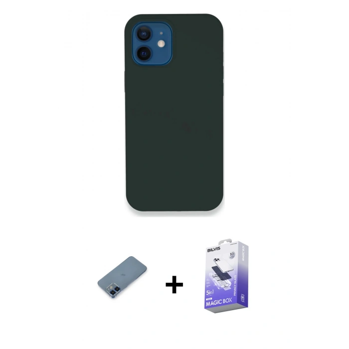 MARSİLYAN™- iPhone 12 Kılıf Zirve Modern Özel Seri - Siyah Bilvis 5in1 5D Magic Hayalet Cam Ekran Koruyucu + Metal Kamera Lens Koruma Cam - MI