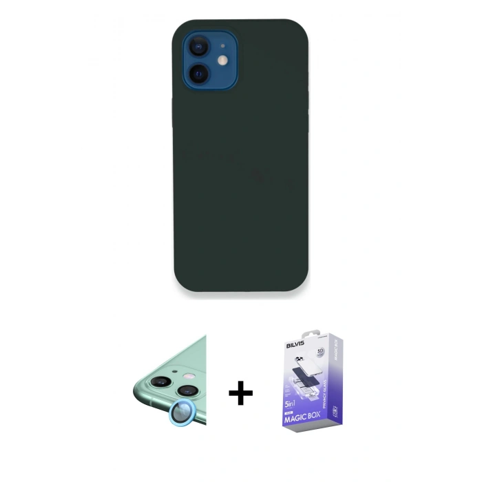 MARSİLYAN™- iPhone 12 Kılıf Zirve Modern Özel Seri - Siyah Bilvis 5in1 5D Magic Hayalet Cam Ekran Koruyucu + Mavi Raze Metal Kamera Lens