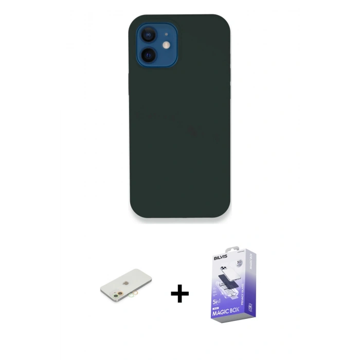MARSİLYAN™- iPhone 12 Kılıf Zirve Modern Özel Seri - Siyah Bilvis 5in1 5D Magic Hayalet Cam Ekran Koruyucu + Renkli Kamera Lens Koruma Cam - TU